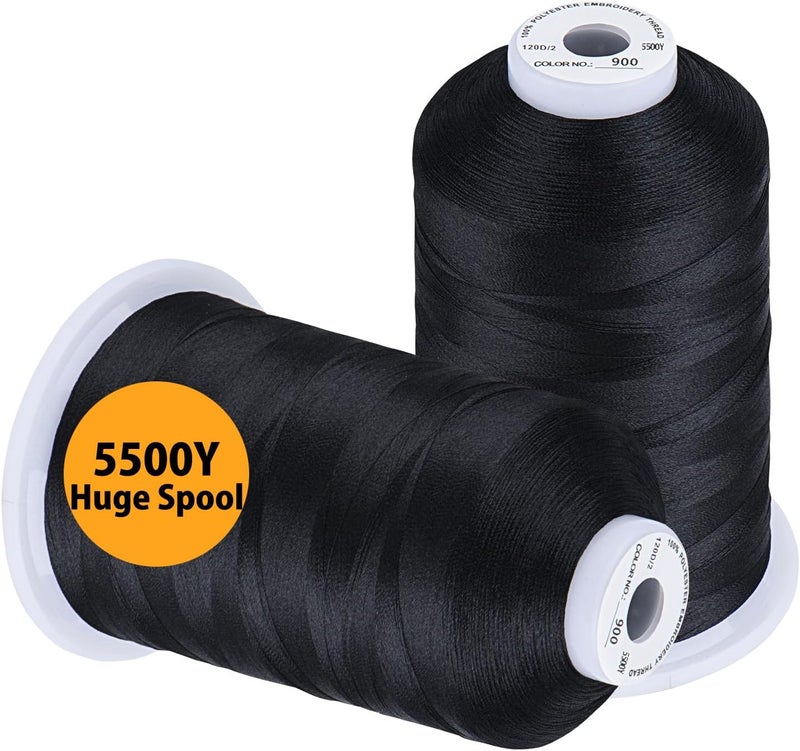 simthread Embroidery Thread 5500 Yards Black 900, 2 Huge Spools 40wt Polyester for Brother, Babylock, Janome, Singer, Pfaff, Husqvarna, Bernina Machine - Image 1